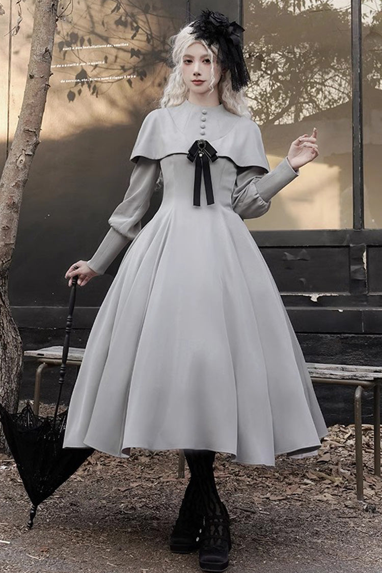 Grey Thirteenth Evening Long Sleeves Slim Gothic Elegant Lolita Dress