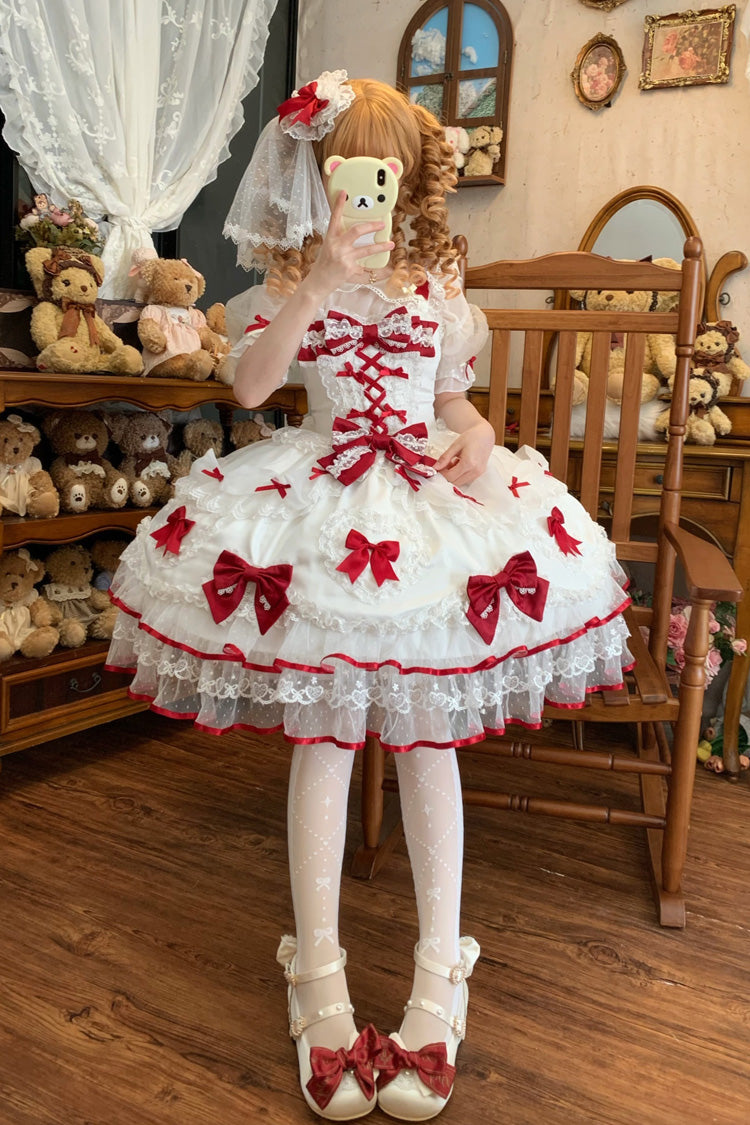 White/Red Sweetheart Sleeveless Multi-Layered Embroidered Bow Lace Lace-Up Sweet Lolita Jsk Dress