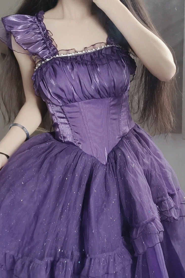 Purple Bright Stars Off Shoulder Ruffle Bowknot Asymmetric Sweet Elegant Princess Lolita Dress