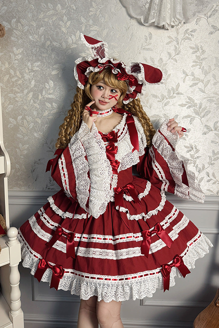 Wine Red Rabbit Sleeping Doll Long Trumpet Sleeves Ruffle Bowknot Lace Sweet Lolita Dress