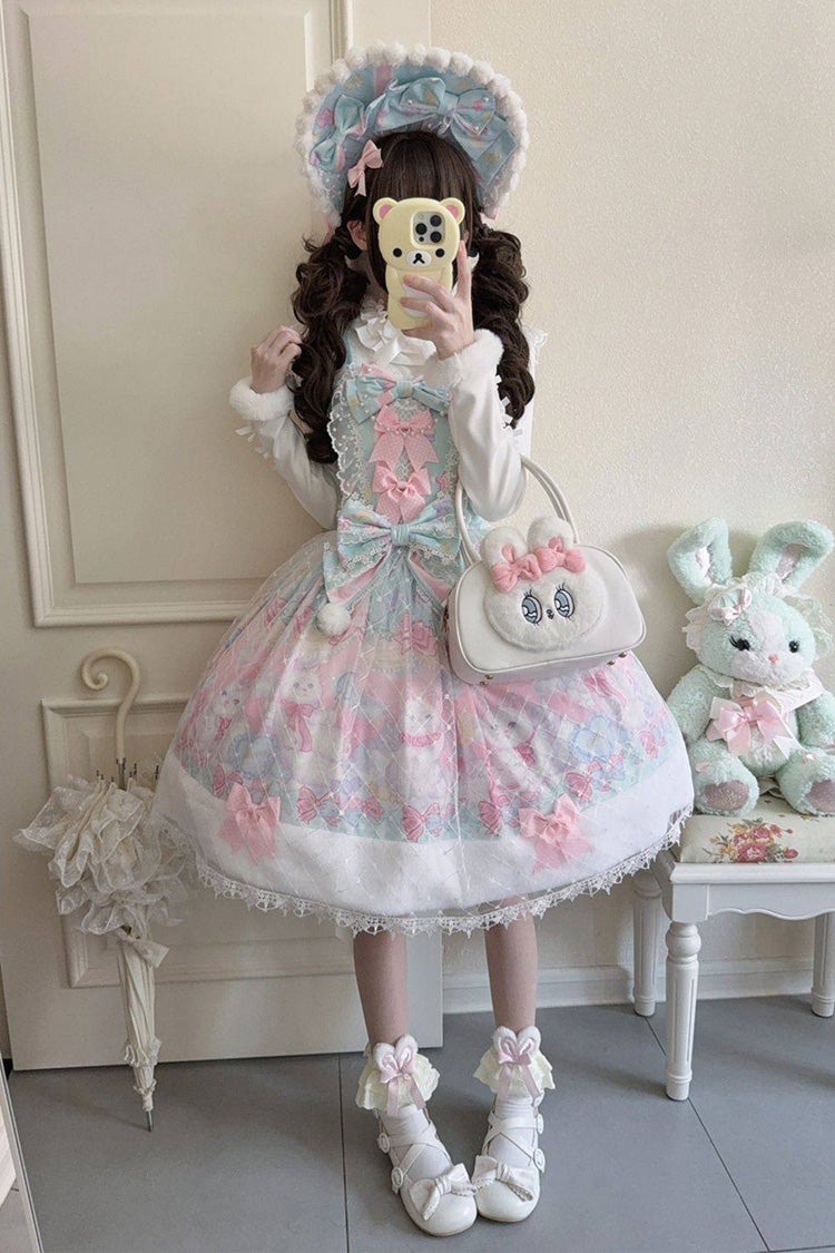 Green/Pink Candy Mary Cat Printed Ruffled Embroidered Bow Lace Sweet Lolita Jsk Dress