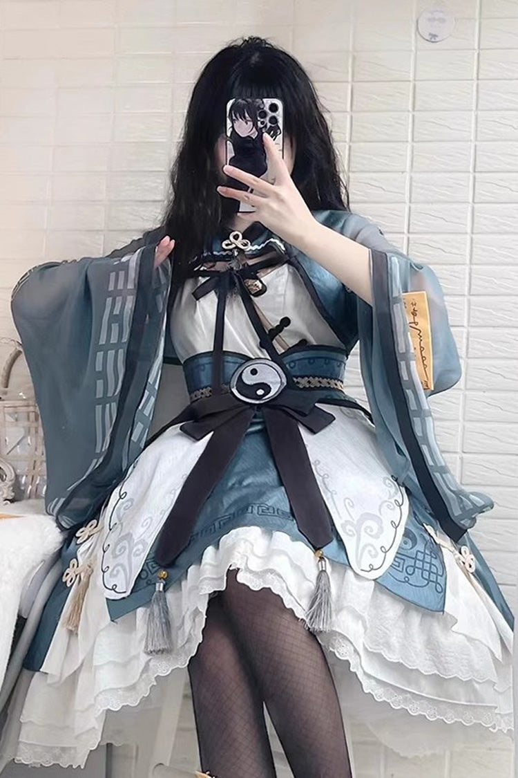 Multi-layer Little Taoist Priest Print Ruffle Sweet Chinese Style Lolita Jsk Dress 2 Colors