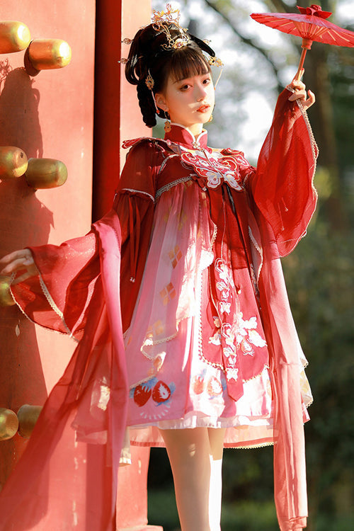 Red Original Strawberry Printed Chinese Embroidered Fake Collar Shawl Sweet Lolita Dress Full Set