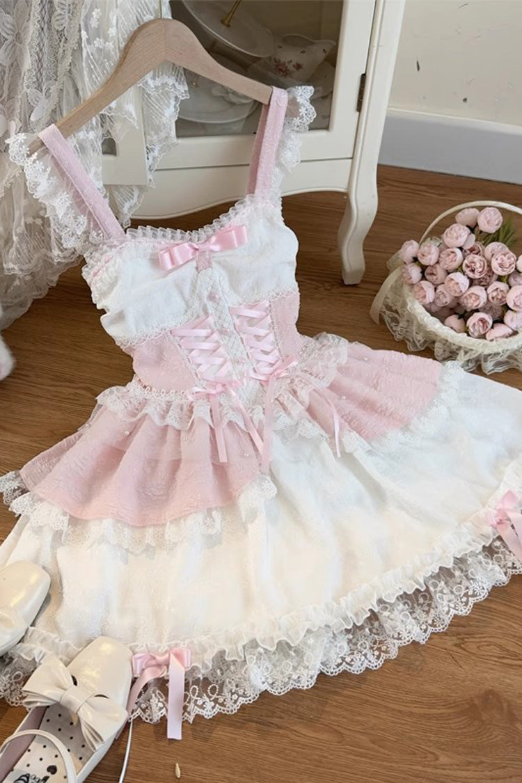 Pink Leiffu Sleeveless Ruffle Bowknot Lace Lace-Up Sweet Ballet Lolita Jsk Dress