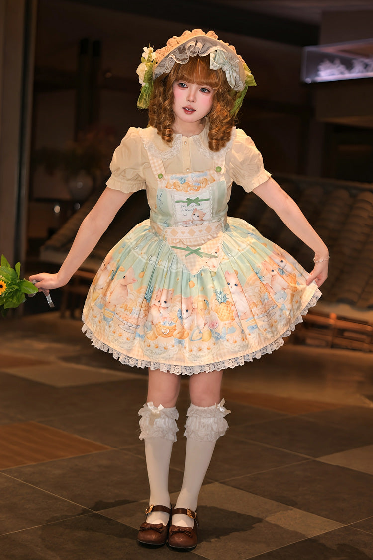 Green Pineapple Cat Print Sleeveless Bowknot Lace Sweet Lolita Strap Dress