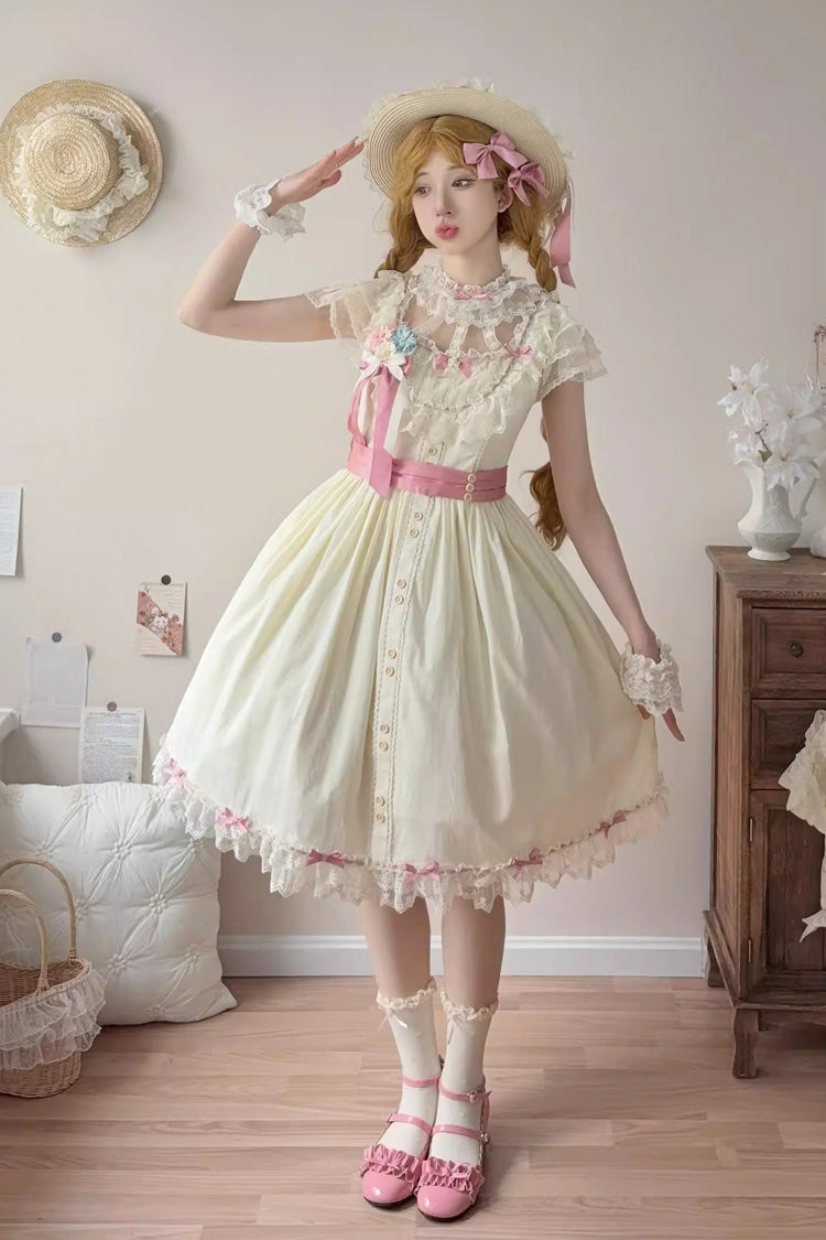 Yellow Sakura's Spring Resonance Sleeveless Ruffled Bow Sweet Lolita Jsk Dress (Short Version)