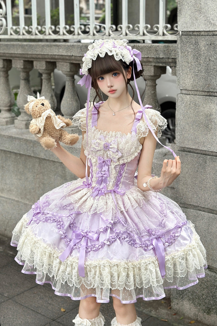 Purple Dreaming Butterfly Multi-Layered Jacquard Ruffle Bowknot Lace Sweet Princess Lolita Jsk Dress