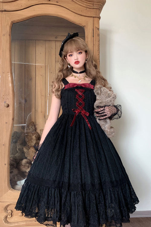 Black Solid Color Elegant Vintage Rose Multi-Layer Embroidery Ruffled Sweet Lolita JSK Dress