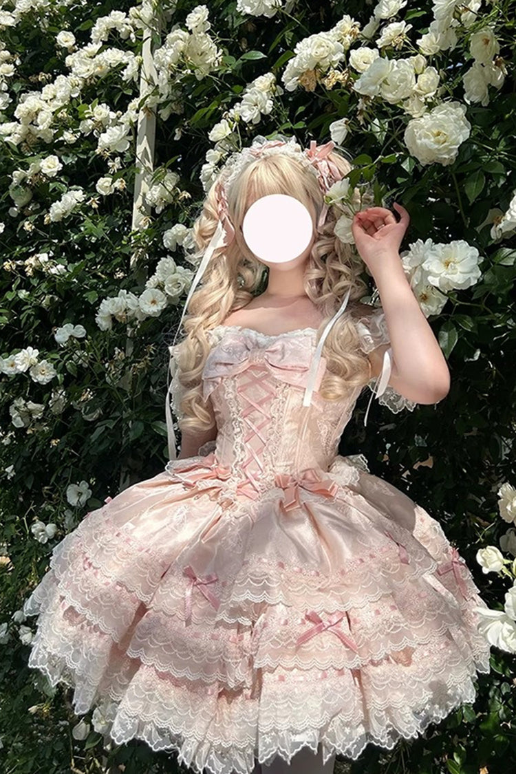 Pink Flora Isle Butterfly Sleeveless Ruffle Bowknot Lace Lace-Up Sweet Elegant Lolita Jsk Dress