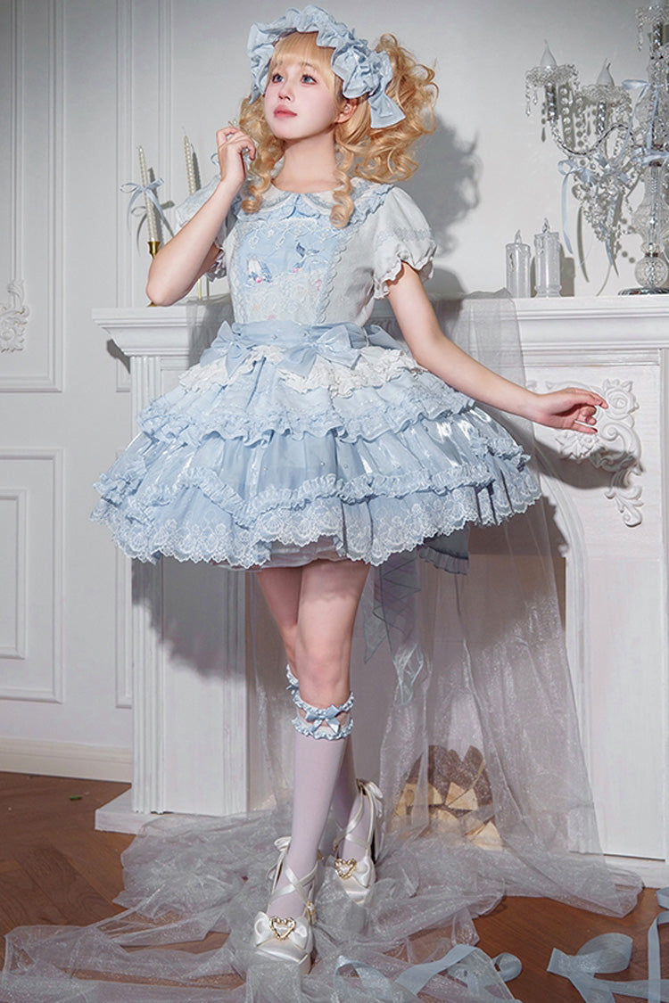 Blue Whale Lapel Collar Short Sleeves Triple-Layered Ruffle Embroidery Sweet Lolita Dress