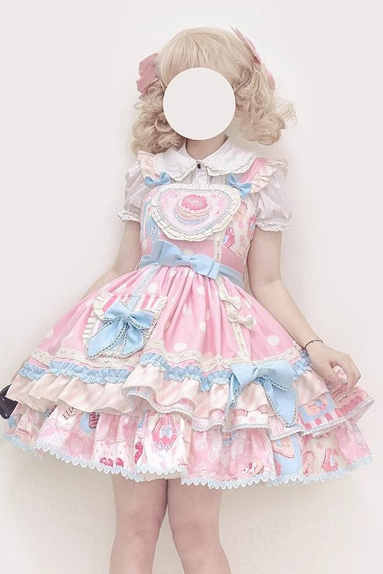 Pink Frosted Sugar Sweetheart Double-Layered Print Ruffle Bowknot Sweet Princess Lolita Jsk Dress