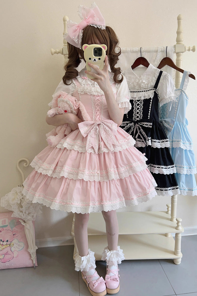 Pink Maiden Heart Triple-Layered Ruffle Bowknot Lace Sweet Lolita Jsk Dress