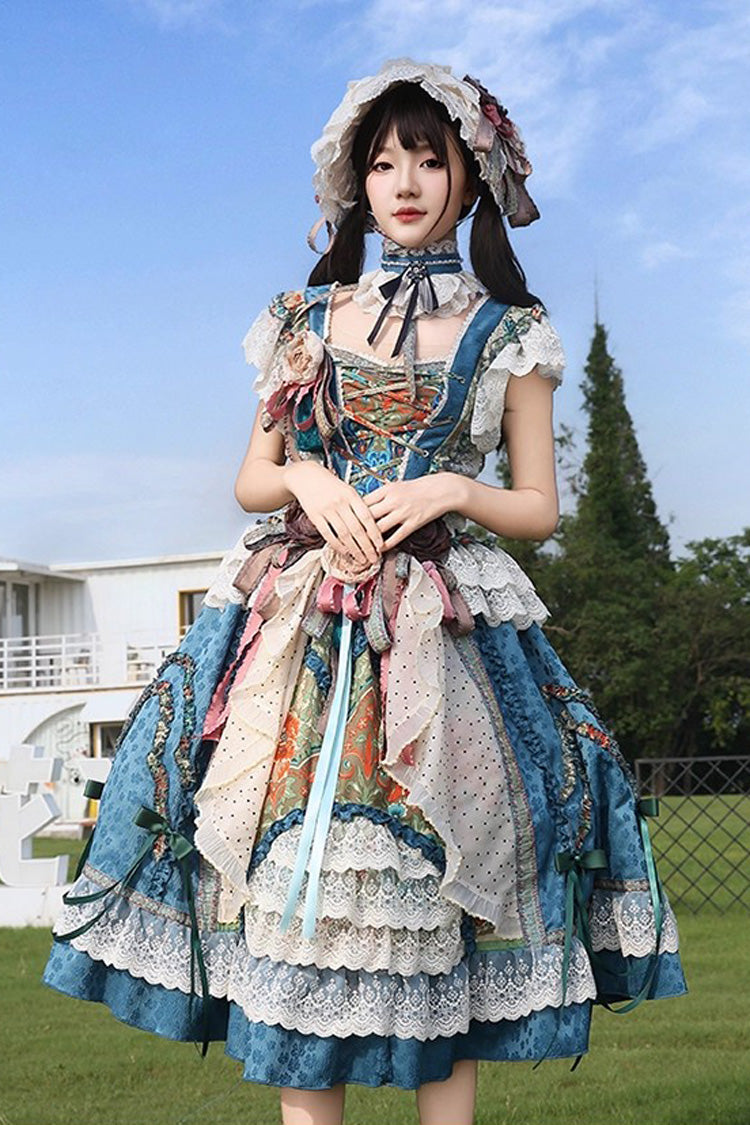 Blue Lake Monet Sleeveless High Waisted Print Ruffle Cardigan Bowknot Lace-Up Classic Vintage Elegant Princess Lolita Jsk Dress