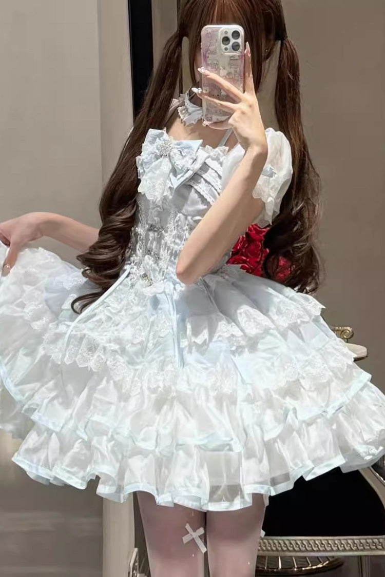 White/Blue Ice Dance Halterneck Multi-Layered Bowknot Lace Sweet Ballet Lolita Dress