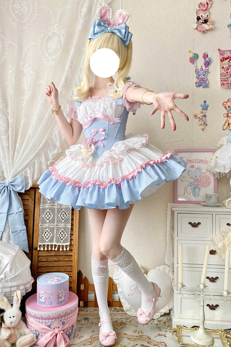 Light-Blue/Pink/White Fairy Tale Overture Triple-Layered Ruffle Bowknot Fishbone Sweet Ballet Lolita Dress
