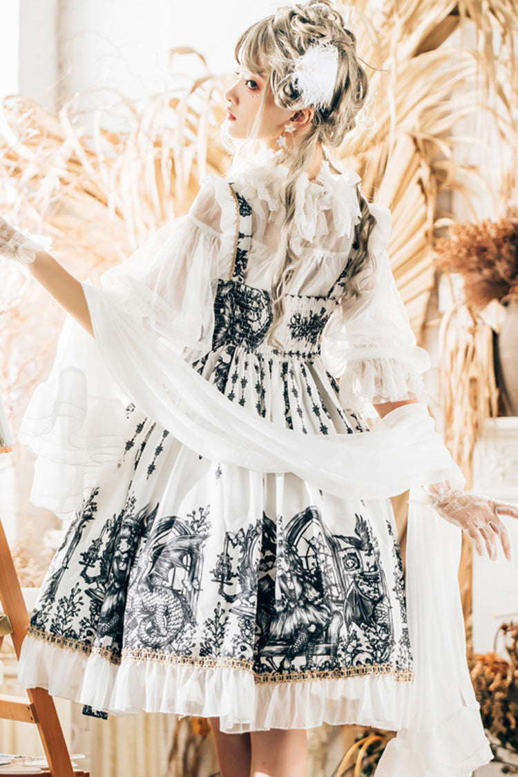 White Dragon Rider Print Ruffle Cardigan Bowknot Lace Gothic Lolita Jsk Dress