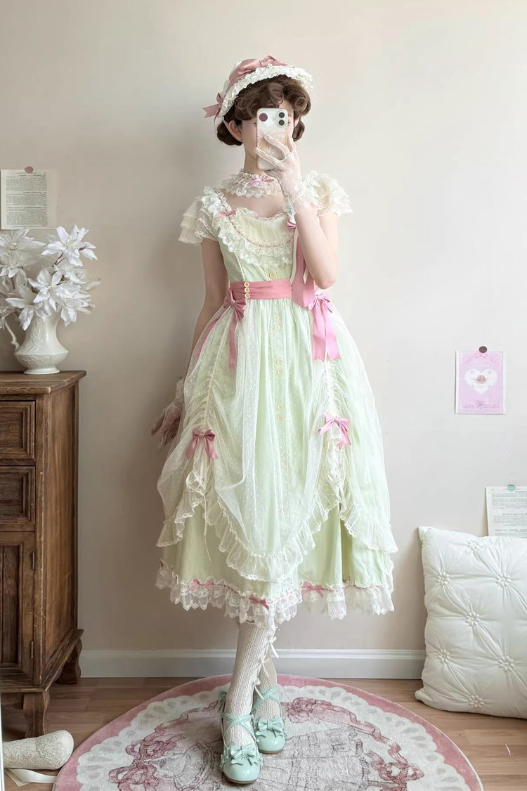 Green Sakura's Spring Resonance Sleeveless Ruffled Bow Sweet Lolita Jsk Dress (Long Version)