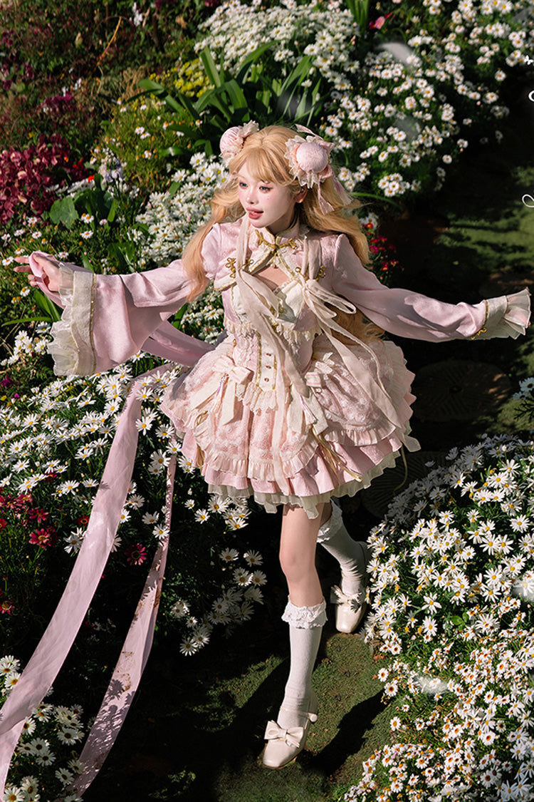 Pink White Pear Dream Multi-layer Ruffle Lace Sweet Chinese Style Princess Lolita Jsk Dress