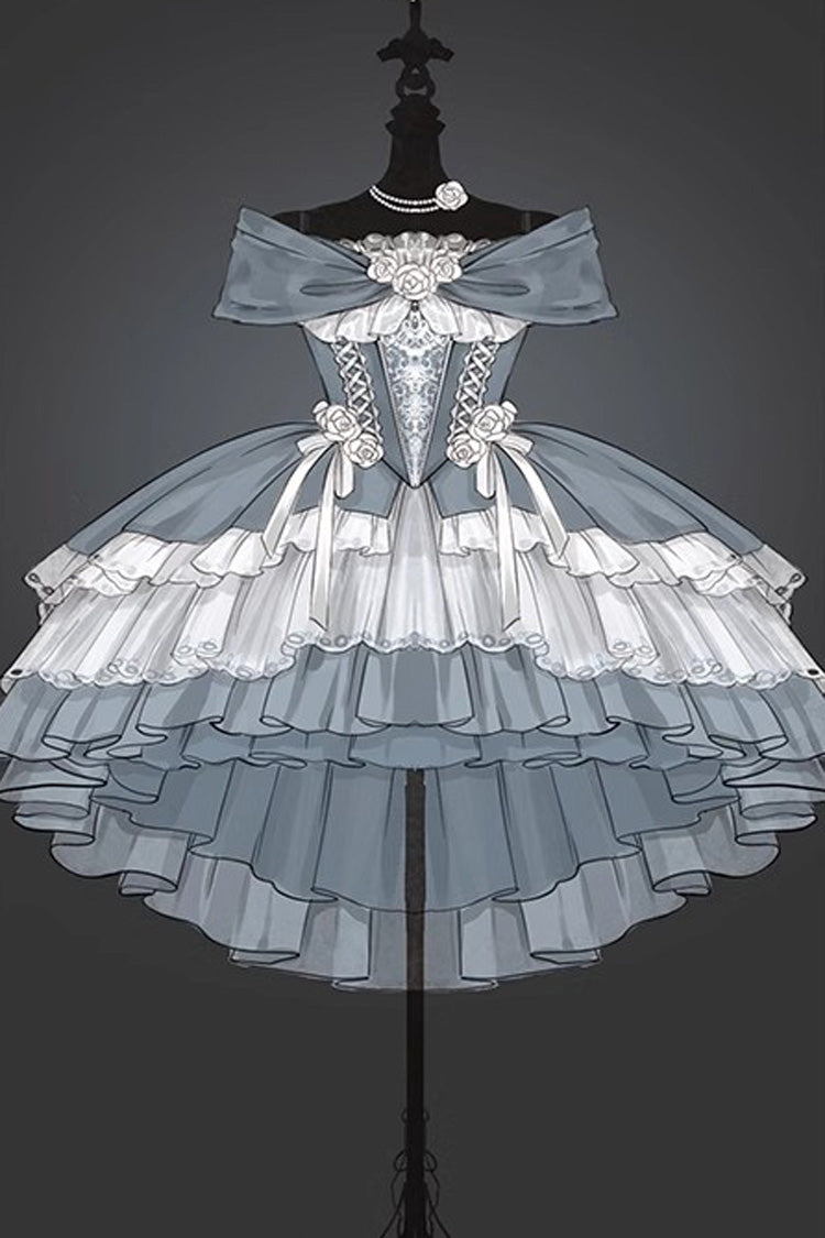 Black/White Rose Of The Night Sea And Starry Sky Off Shoulder Multi-Layered Ruffle Embroidery Sweet Lolita Dress