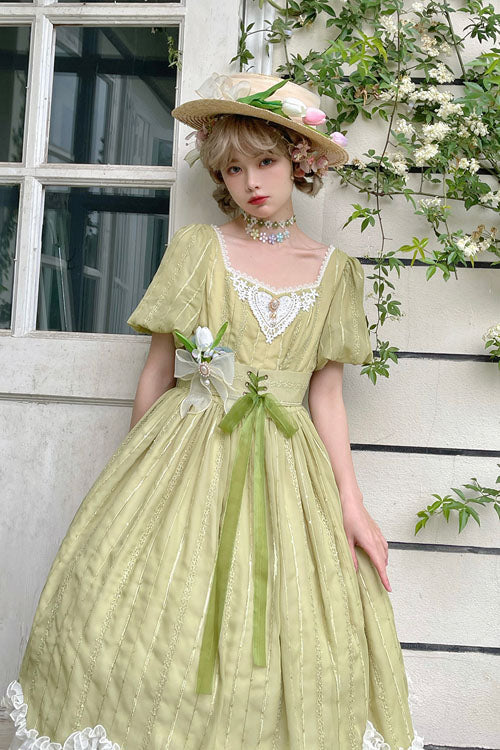 Green Elegant Vintage Square Collar Short Sleeves Multi-Layer Ruffled Classic Lolita OP Dress