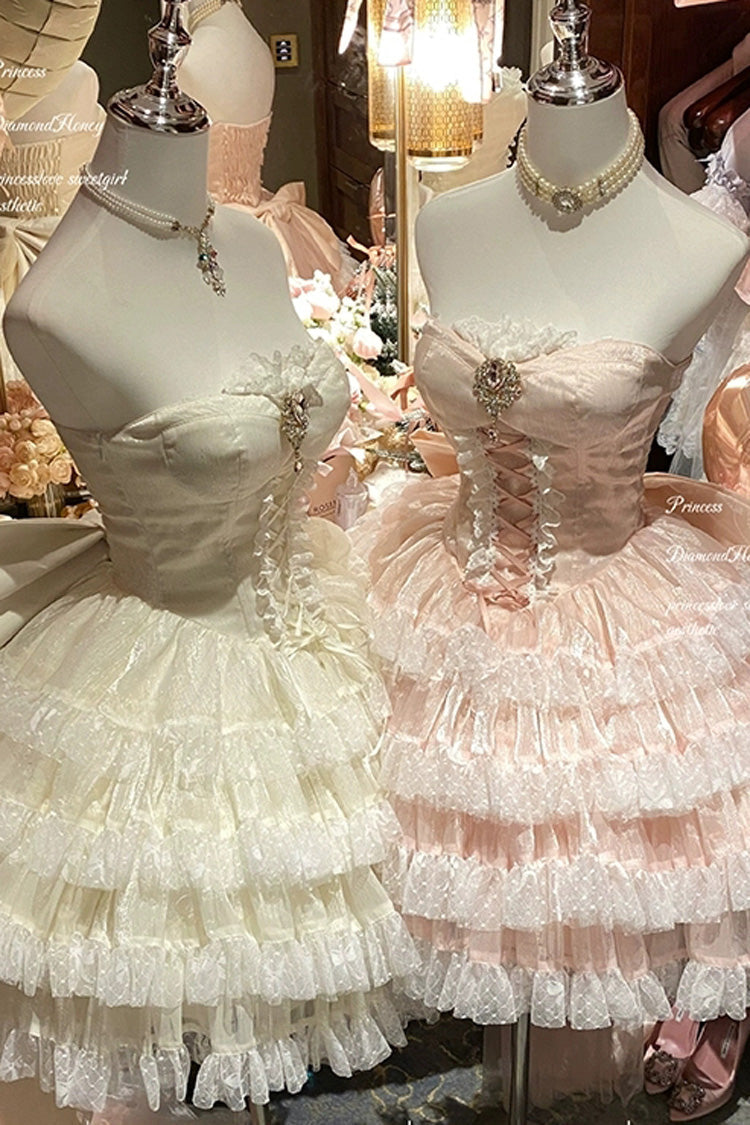 Pink Heartbeat at First Sight Off Shoulder Sleeveless Multi-Layered Ruffle Bowknot Lace Lace-Up Sweet Princess Gorgeous Lolita Dress