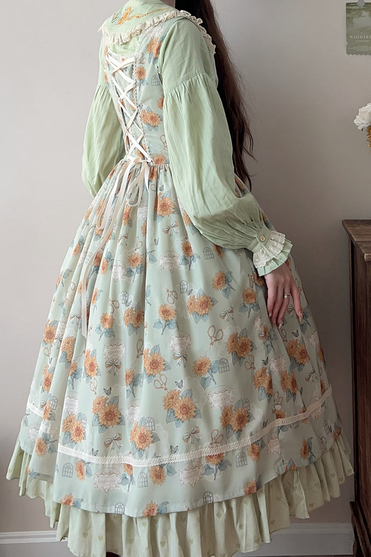 Green Gardening Sunflower Sleeveless Print Ruffle Bowknot Sweet Elegant Uplift Lolita Jsk Dress