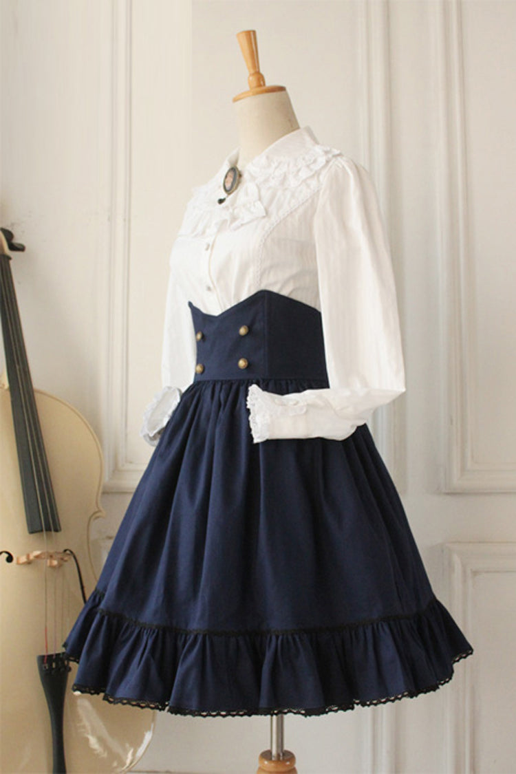 Dark Blue Vintage College Style High Waisted Fishbone Gothic Lolita Skirt