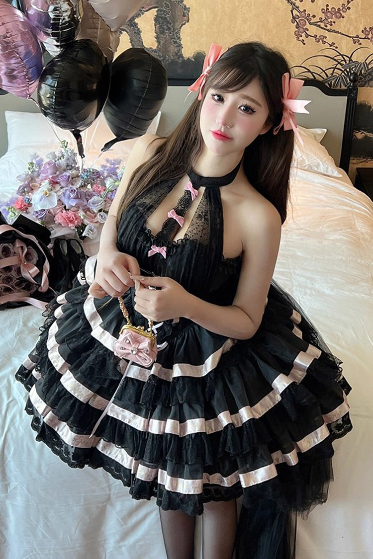 Black Ballet Dream Halterneck Triple-Layered Ruffle Bowknot Lace-Up Sweet Princess Lolita Dress