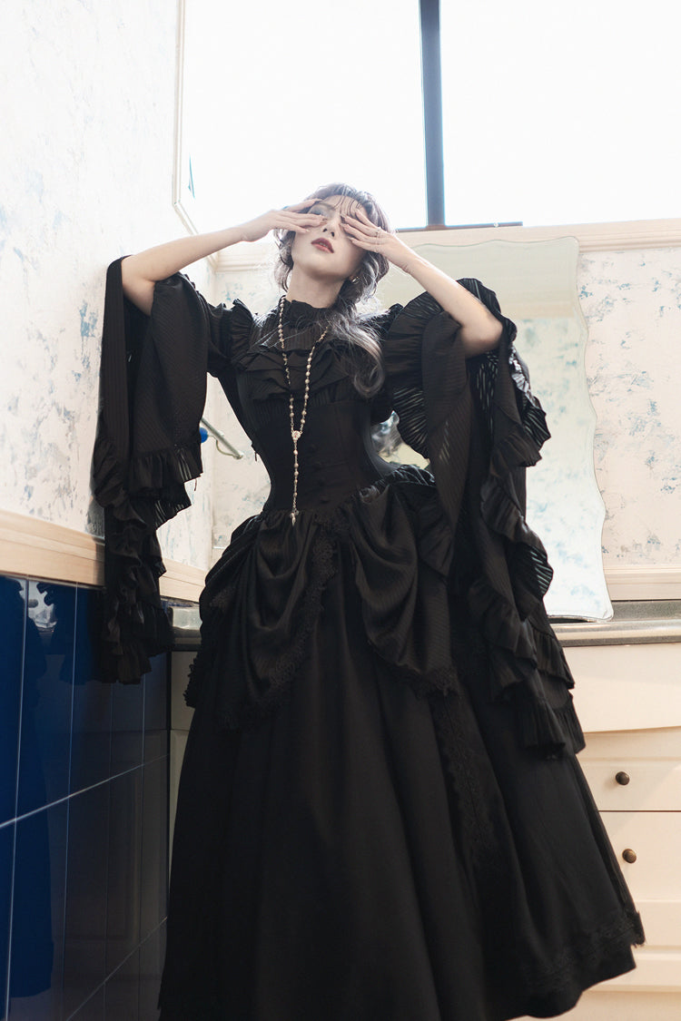 Black Sleepwalking Long Hime Sleeves Stitching Lace Plus Size Gothic Elegant Lolita Skirt Set