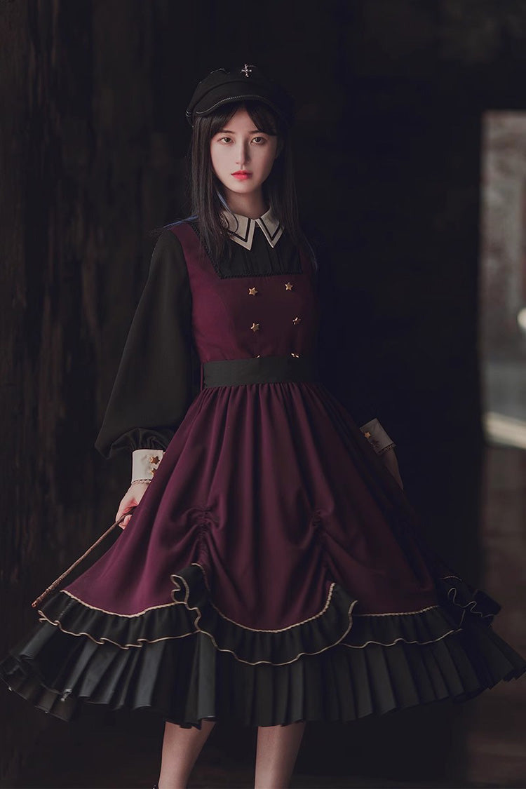 Purple/Black Trainee Magician Fake Two Piece Long Sleeves Ruffle Pleated Gothic Lolita Dress
