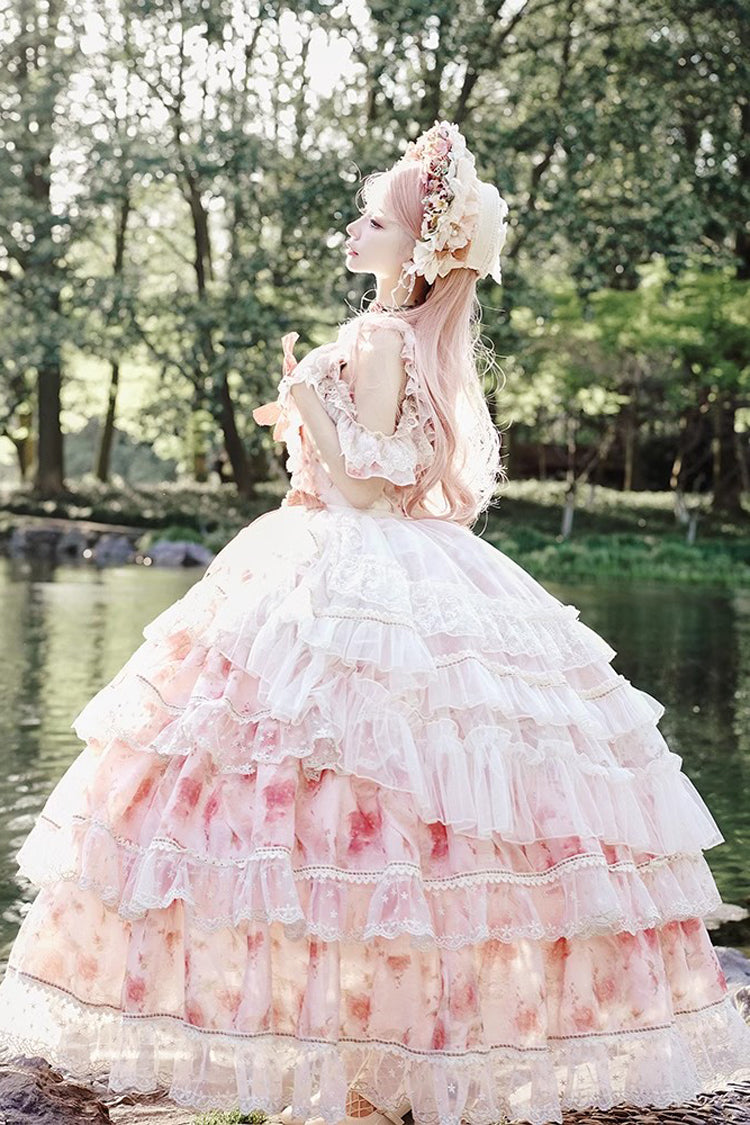 Pink Rose Letter Off Shoulder Triple-Layered Print Ruffle Hanayome Sweet Princess Lolita Dress
