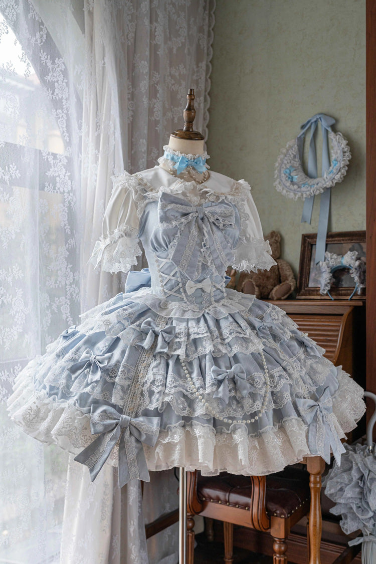 Blue Small Cakes Sleeveless Multi-Layered Ruffle Bowknot Lace Sweet Lolita Jsk Dress