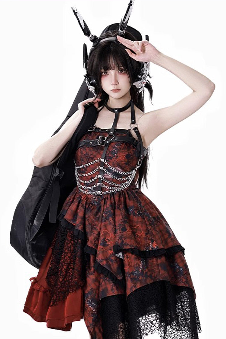 Red Strawberries of Blood and Tears Sleeveless Print Ruffle Bowknot Lace Asymmetric Gothic Lolita Jsk Dress