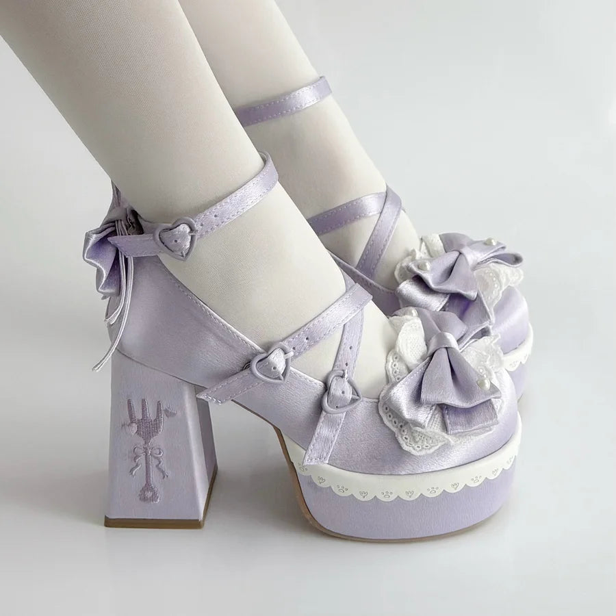 [Pre] High Heels Japanese Versatile Students Cute Lolita Shoes Pink Purple Elegant Style Party