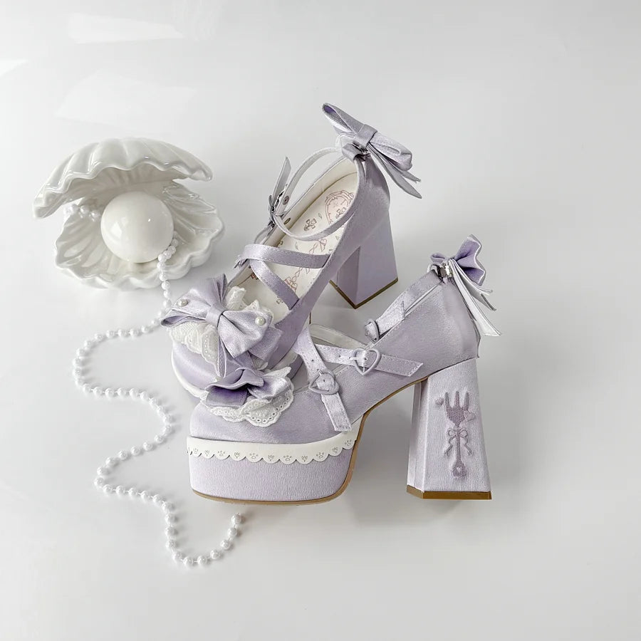 [Pre] High Heels Japanese Versatile Students Cute Lolita Shoes Pink Purple Elegant Style Party