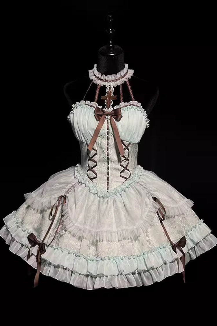 Mint Green Cross Halterneck Ruffle Bowknot Lace Lace-Up Princess Sweet Lolita Dress