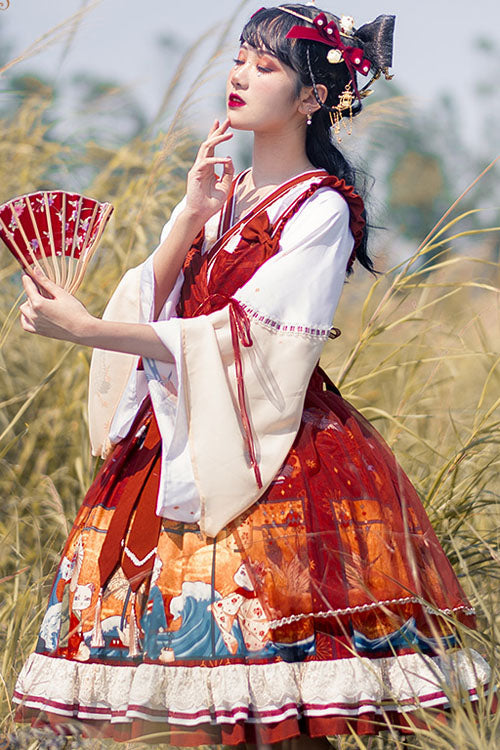 Wine Ukiyolu Cat Print Long Sleeves Chinese Style Fake Two Pieces Bowknot Ruffled Sweet Lolita OP Dress