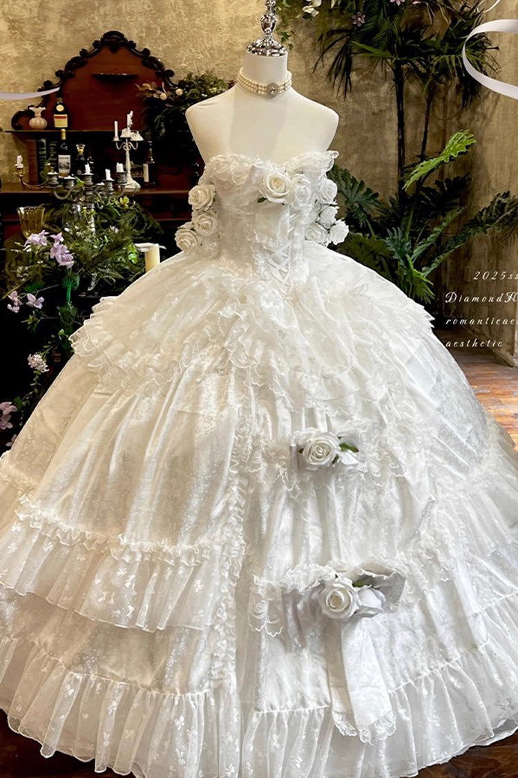 White Love and Roses Ruffle Hanayome Bowknot Lace Sweet Princess Lolita Jsk Dress