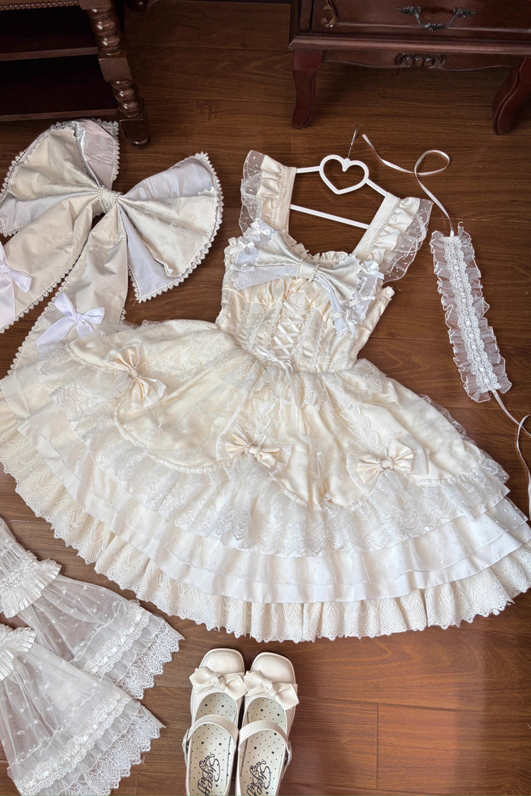 Ivory Sleeveless Triple-Layered Ruffle Embroidery Bowknot Lace-Up Pearl Sweet Plus Size Lolita Jsk Dress