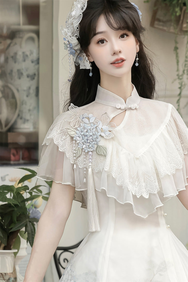 White Hydrangea Message Short Sleeves Print Ruffle Lace Sweet Chinese Style Elegant Lolita Short Dress