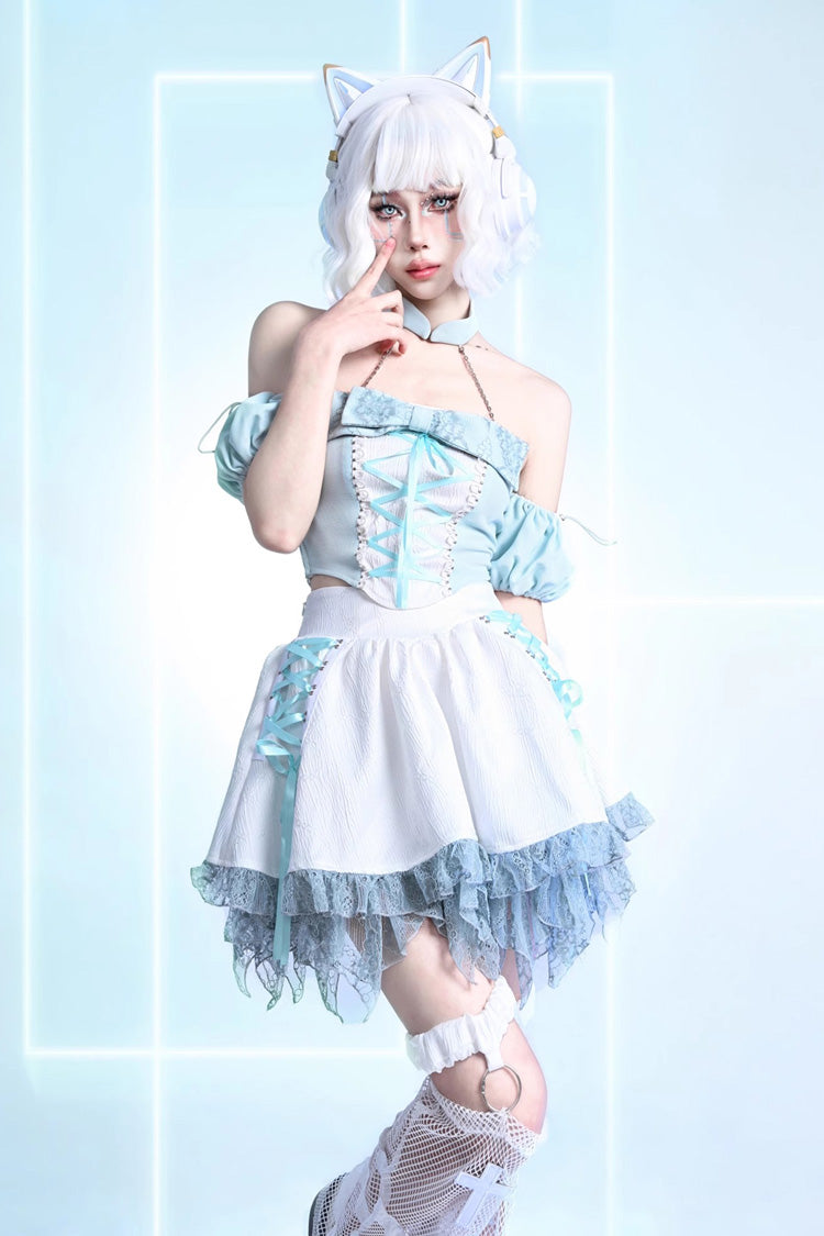 White Virtual Idol Ruffle Lace Lace-Up Sweet Lolita Skirt