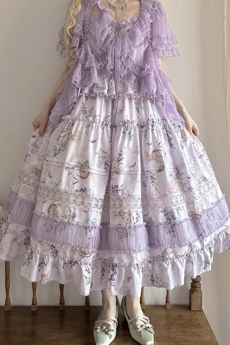 Purple Pea Squirrel Sleeveless Multi-Layered Pastoral Print Ruffle Embroidery Lace Sweet Elegant Lolita Jsk Dress