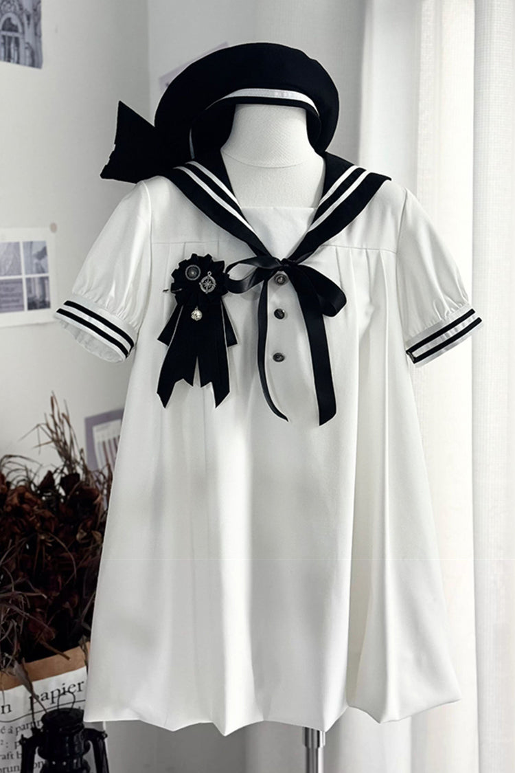 Black/White Old Stories Navy Collar Short Sleeves Bowknot Sweet Lolita Dress