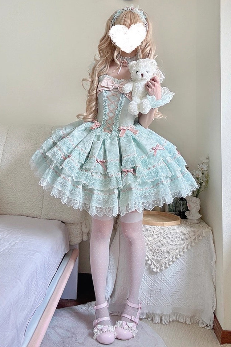 Green Flora Isle Butterfly Sleeveless Ruffle Bowknot Lace Lace-Up Sweet Elegant Lolita Jsk Dress