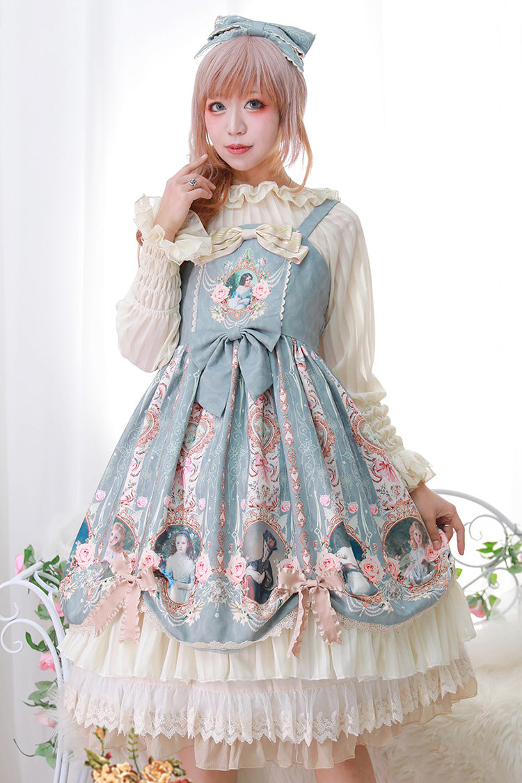 Portrait of A Little Lady Print Ruffle Bowknot Lace Classic Vintage Elegant Lolita Jsk Dress 3 Colors