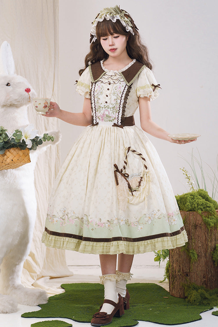 Green/Ivory Lily Short Sleeves Print Ruffle Embroidery Bowknot Lace Sweet Elegant Lolita Dress