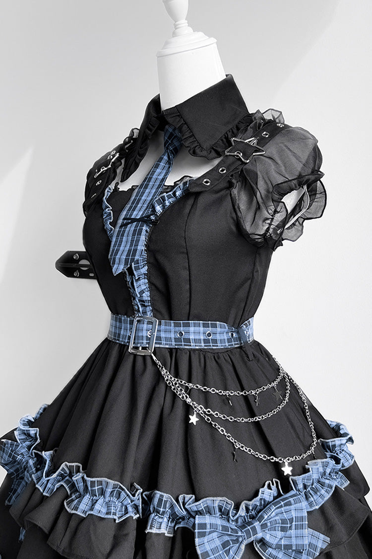 Black Dark Night Starlight Chain Ruffle Bowknot Lace Buckle Gothic College Style Lolita Dress Set