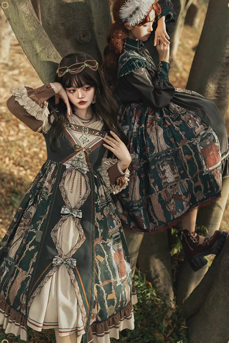Dark Blue Tarot Print Ruffle Bowknot Sweet Elegant Lolita Strap Dress