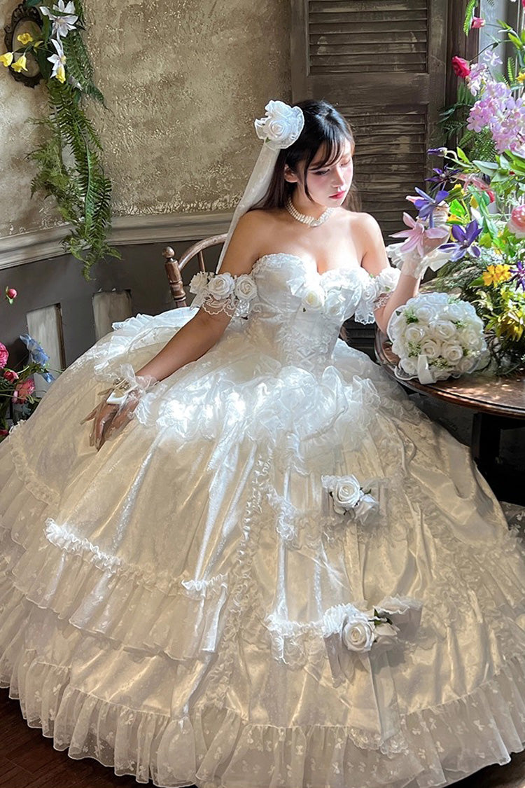 White Love and Roses Ruffle Hanayome Bowknot Lace Sweet Princess Lolita Jsk Dress