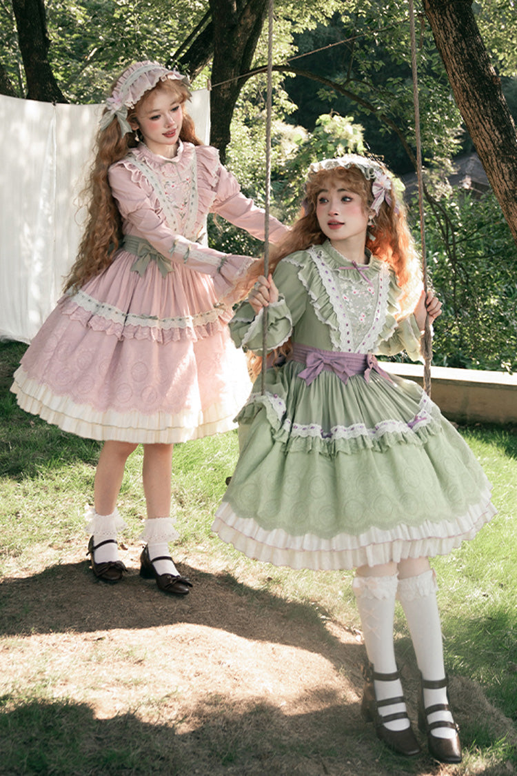 Pink Solitary Orchid In Quiet Valley Long Sleeves Multi-Layered Embroidery Bowknot Sweet Lolita Dress